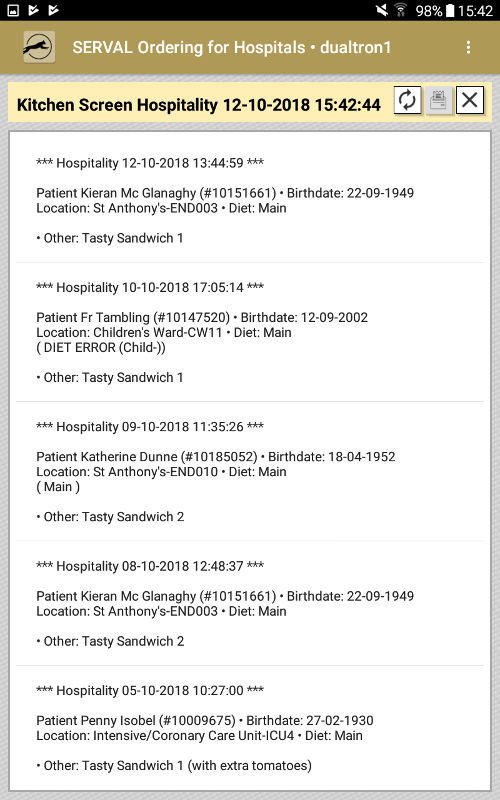 Küchenbildschirm für Bestellungen außerhalb der regulären Mahlzeiten