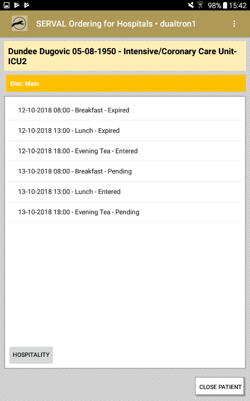Auswahlbildschirm der verfügbaren Mahlzeiten